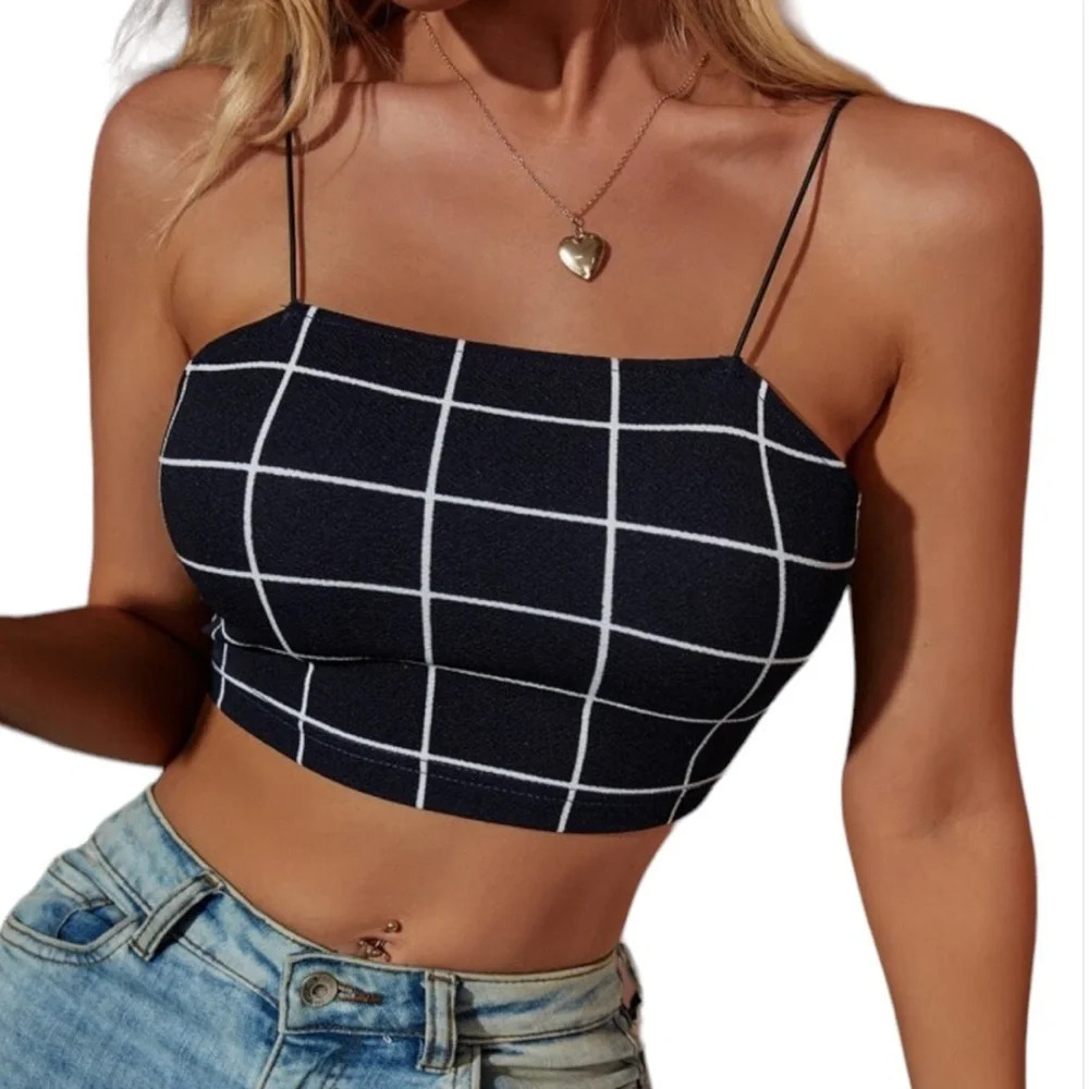 SHIEN Black Window Pane Crop Cami Top Tank Spaghetti Strap Stretch Size L
